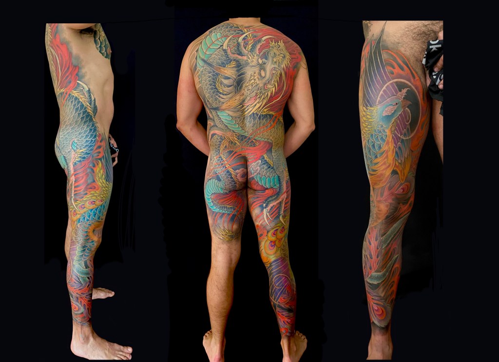Japanese style bodysuit. Full back and full leg tattoo with powerful dragon and fire. 