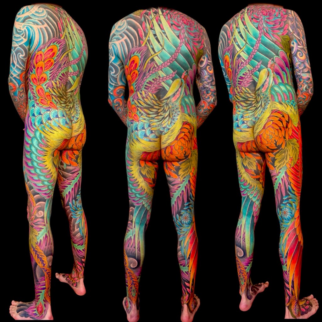 Beautiful and colorful Japanese phoenix Bodysuit. Full body tattoo 